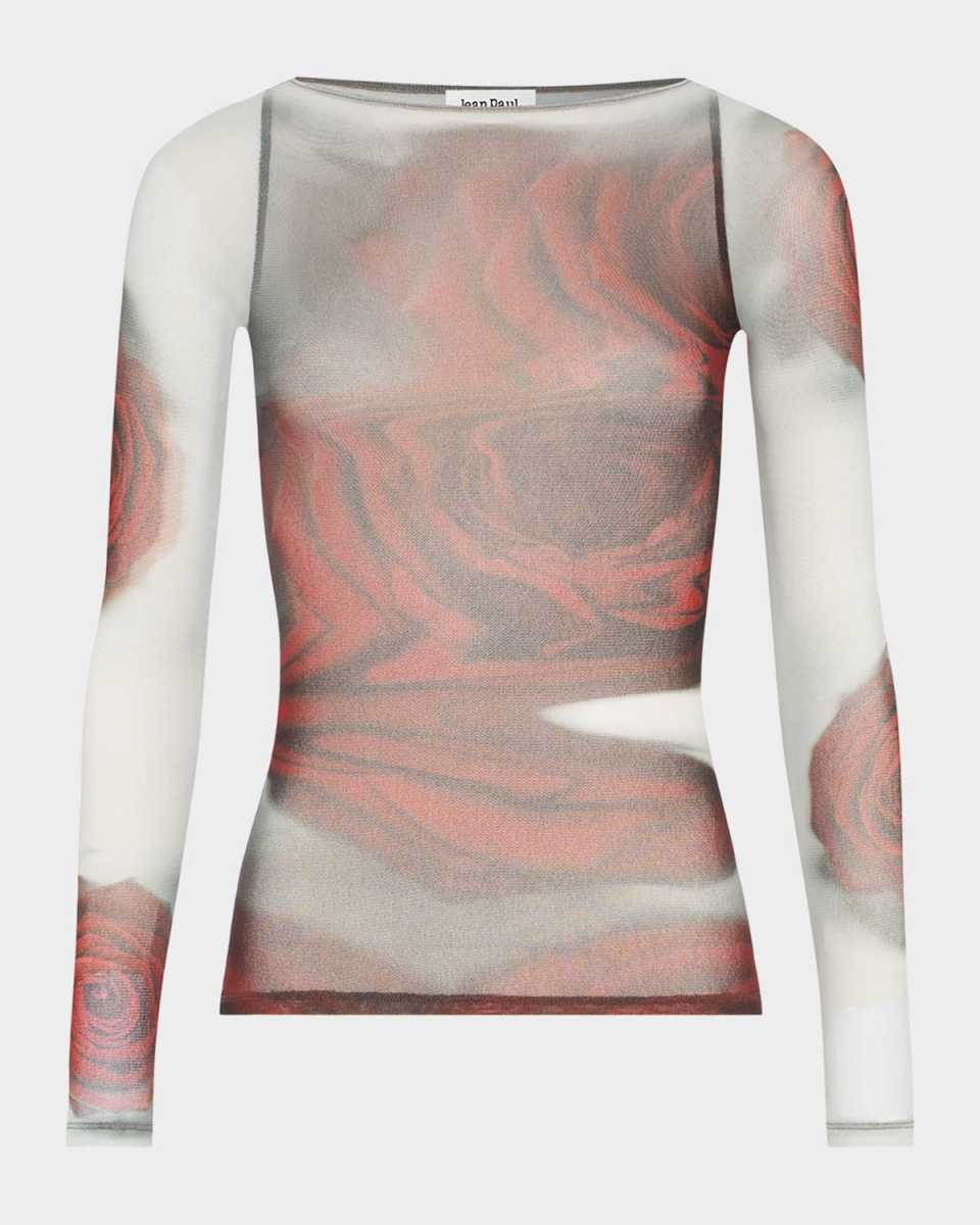 Blurry Roses-Print Mesh Boat-Neck Top